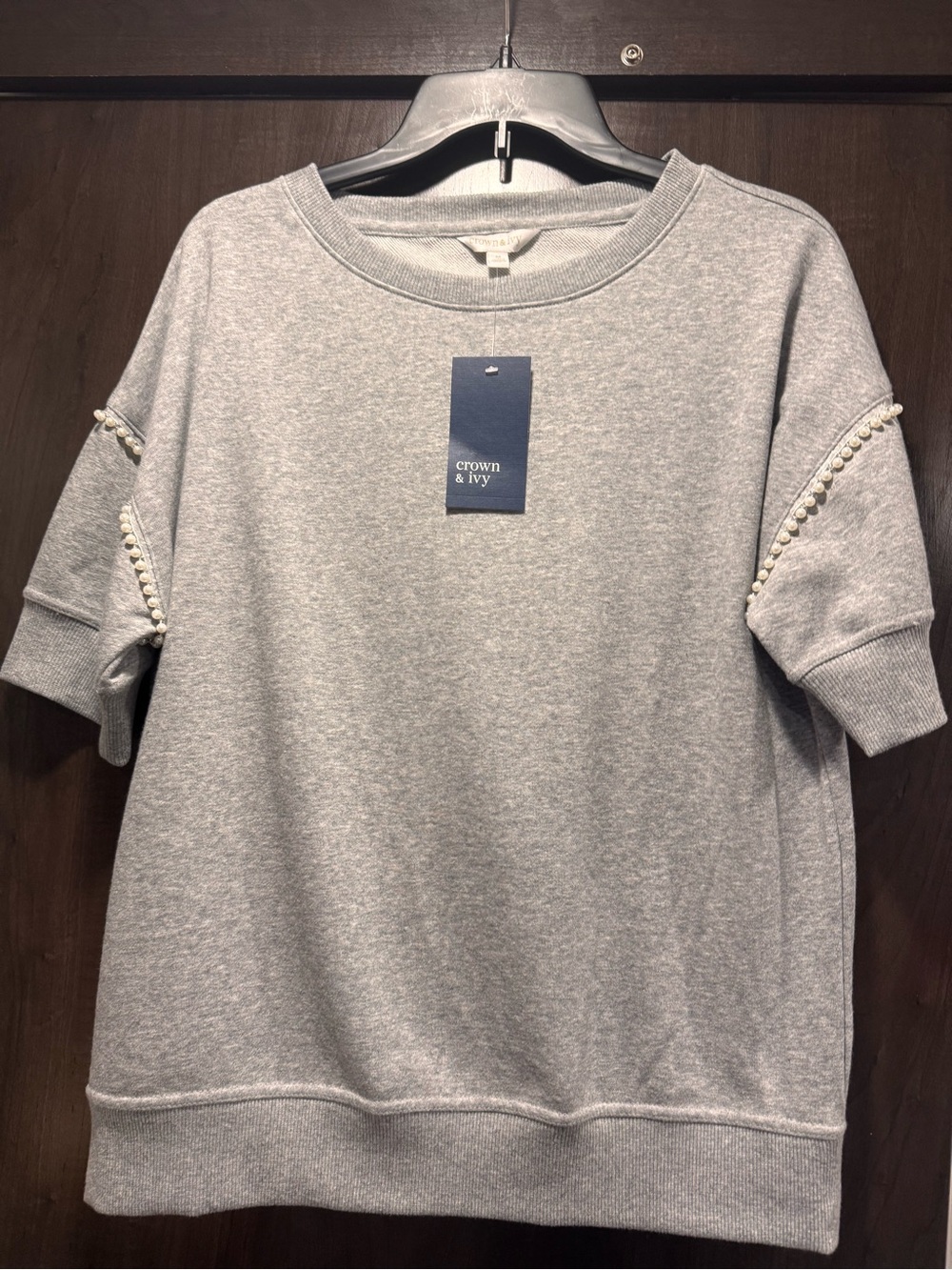 Grey Pearl-Trim Women's Fleece Top; M; NWT